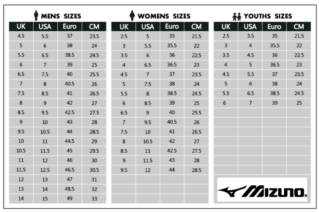 Size Guide Mizuno | Mike Pawley Sports