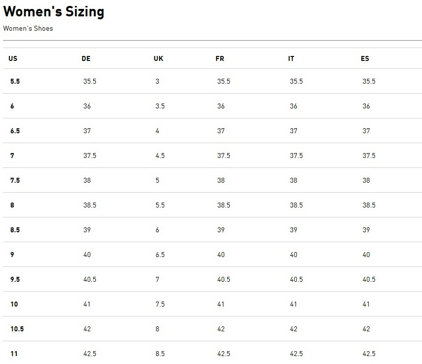 Puma Women's Size Chart